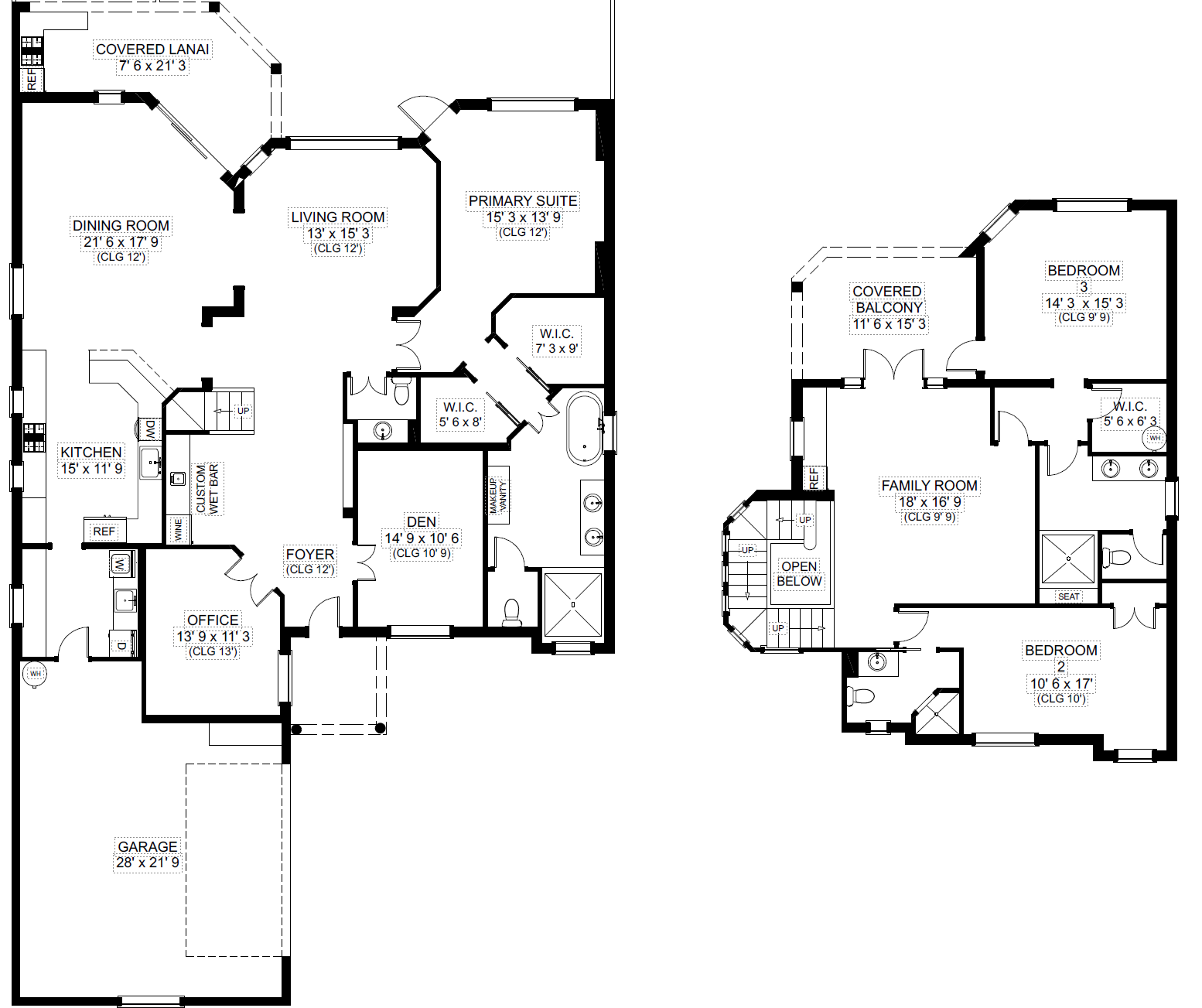 Two-level house floor plan with labeled rooms and dimensions. The first floor includes a garage (28' x 21'9), office (13'9 x 11'3), kitchen (15' x 11'9) with custom wet bar, dining room (21'6 x 17'9), living room (13' x 15'3), primary suite (15'3 x 13'9) with two walk-in closets, den (14'9 x 10'6), and covered lanai (7'6 x 21'3). The second floor has family room (18' x 16'9), bedroom 2 (10'6 x 17'), bedroom 3 (14'3 x 15'3) with walk-in closet, covered balcony (11'6 x 15'3), and bathrooms. Stairs connect both floors.
